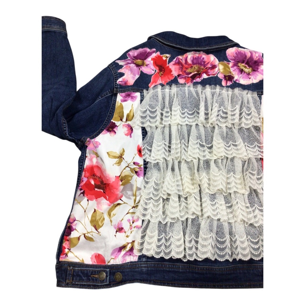 Upcycled Ava & Viv Floral-Accent Dark Blue Denim Jacket One of a Kind 3X - Picture 6 of 9